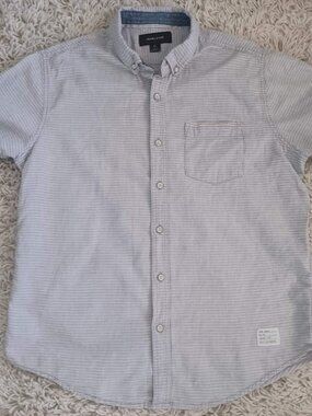 Adam Levine Shirt Men M Gray White Striped Button Down Short Sleeve Cotton Linen